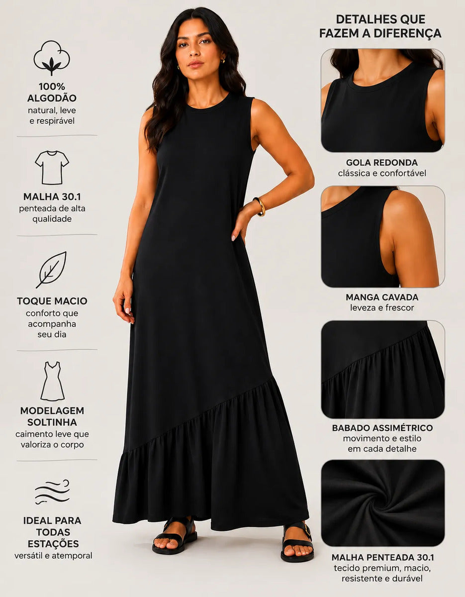 Vestido Longo Feminino Regata Babado Assimétrico Algodão Preto