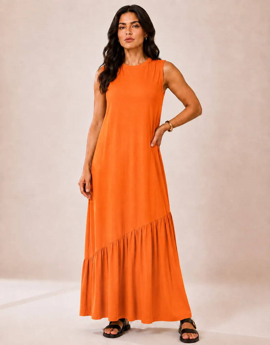 Vestido Longo Feminino Regata Babado Assimétrico Algodão Laranja