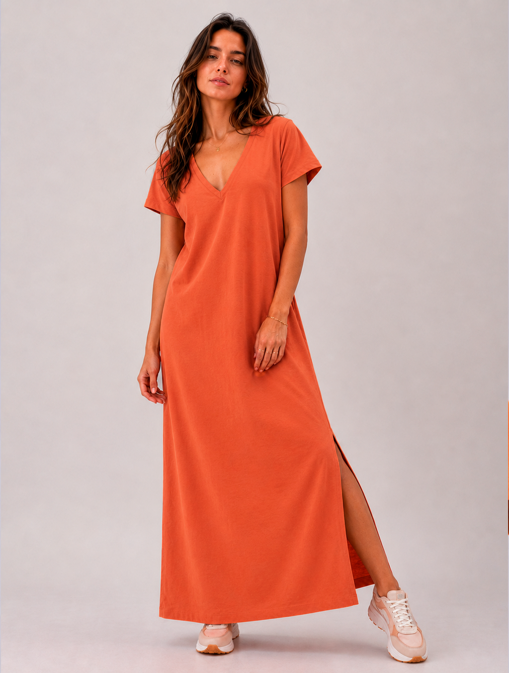 Vestido Longo de Algodão com Bolso Decote V Laranja