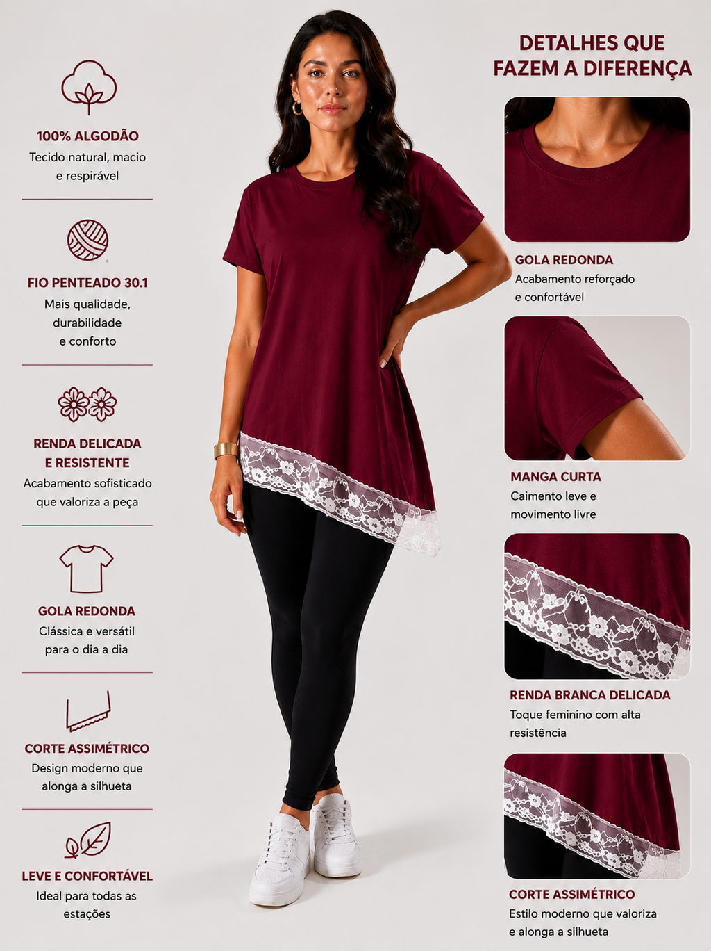 Blusa Assimétrica Feminina com Renda Bordô
