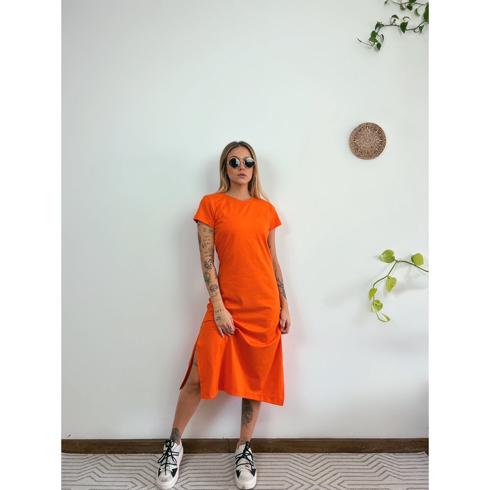 Vestido Mid Camiseta Com Fenda Aveloz Laranja
