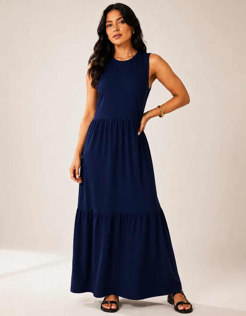 Vestido Longo Feminino Regata Três Marias Algodão Soltinho Azul-marinho