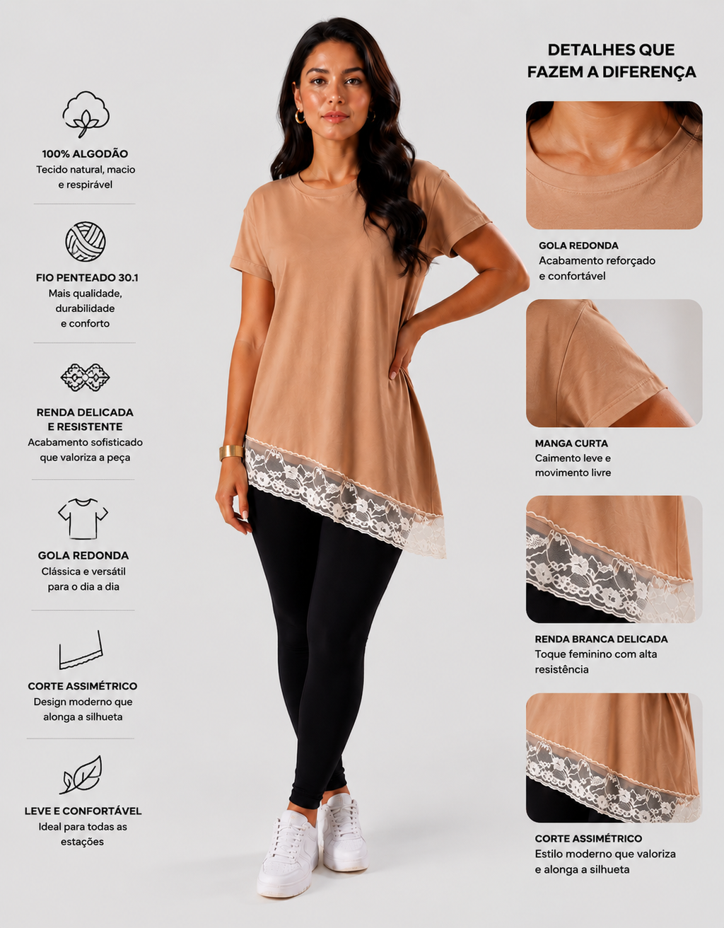 Blusa Assimétrica Feminina com Renda Caramelo