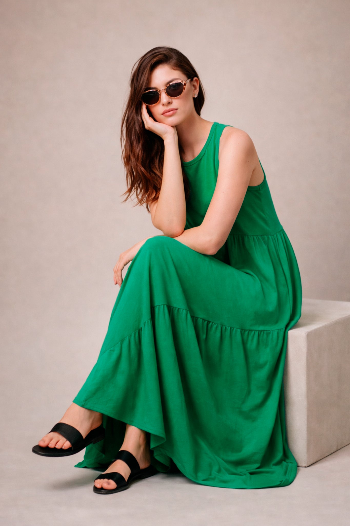 Vestido Longo Feminino Soltinho malha algodão Aveloz Verde Bandeira
