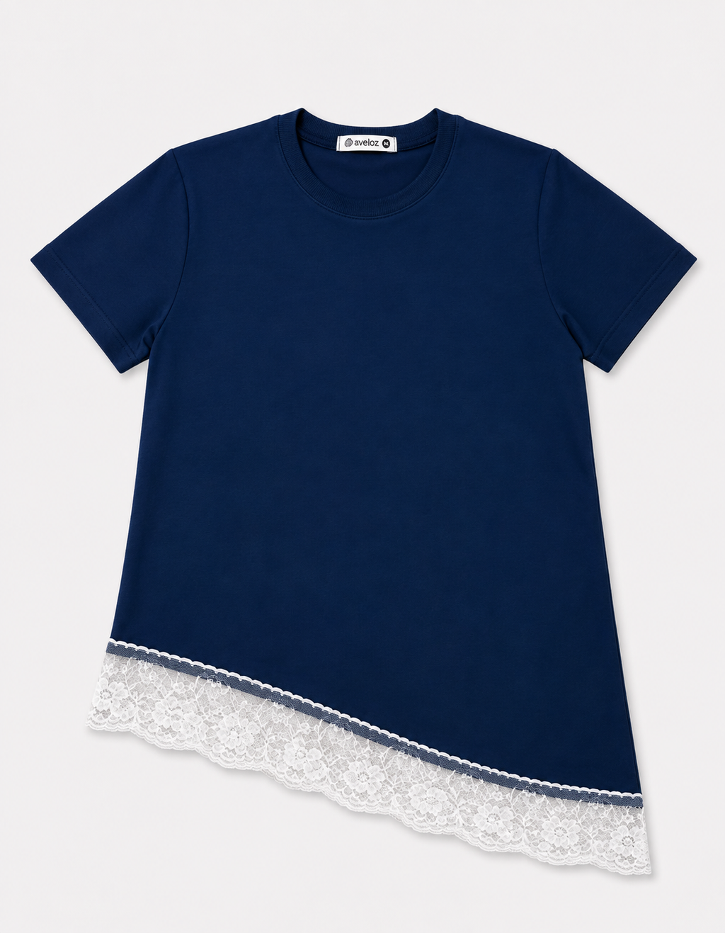 Blusa Assimétrica Feminina com Renda Azul Marinho