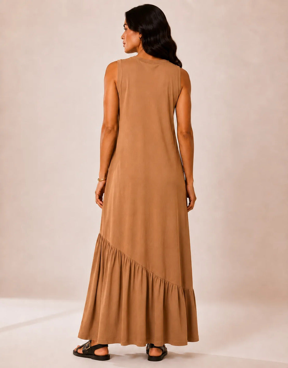 Vestido Longo Feminino Regata Babado Assimétrico Algodão Caramelo