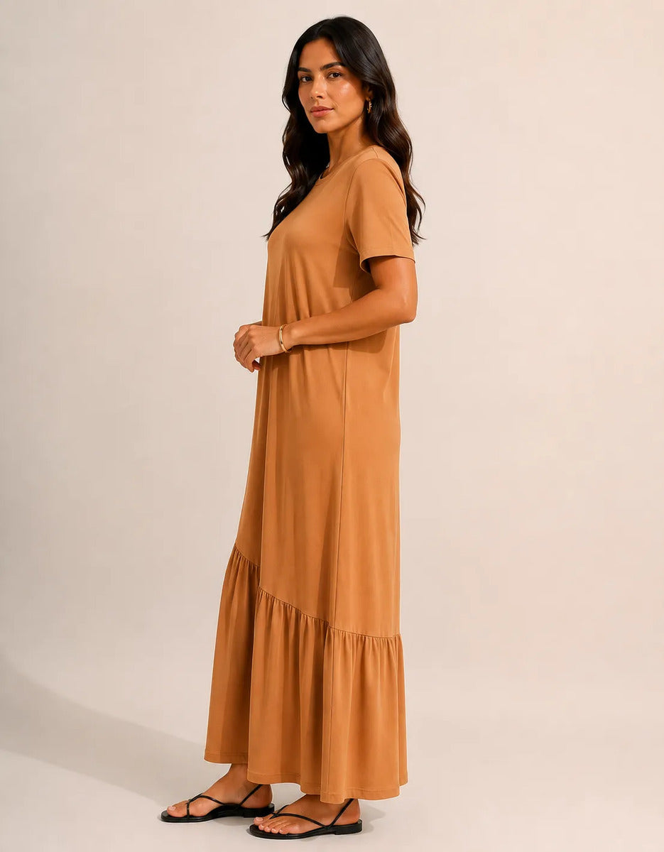 Vestido Longo Feminino Babado Assimétrico Malha Algodão Caramelo
