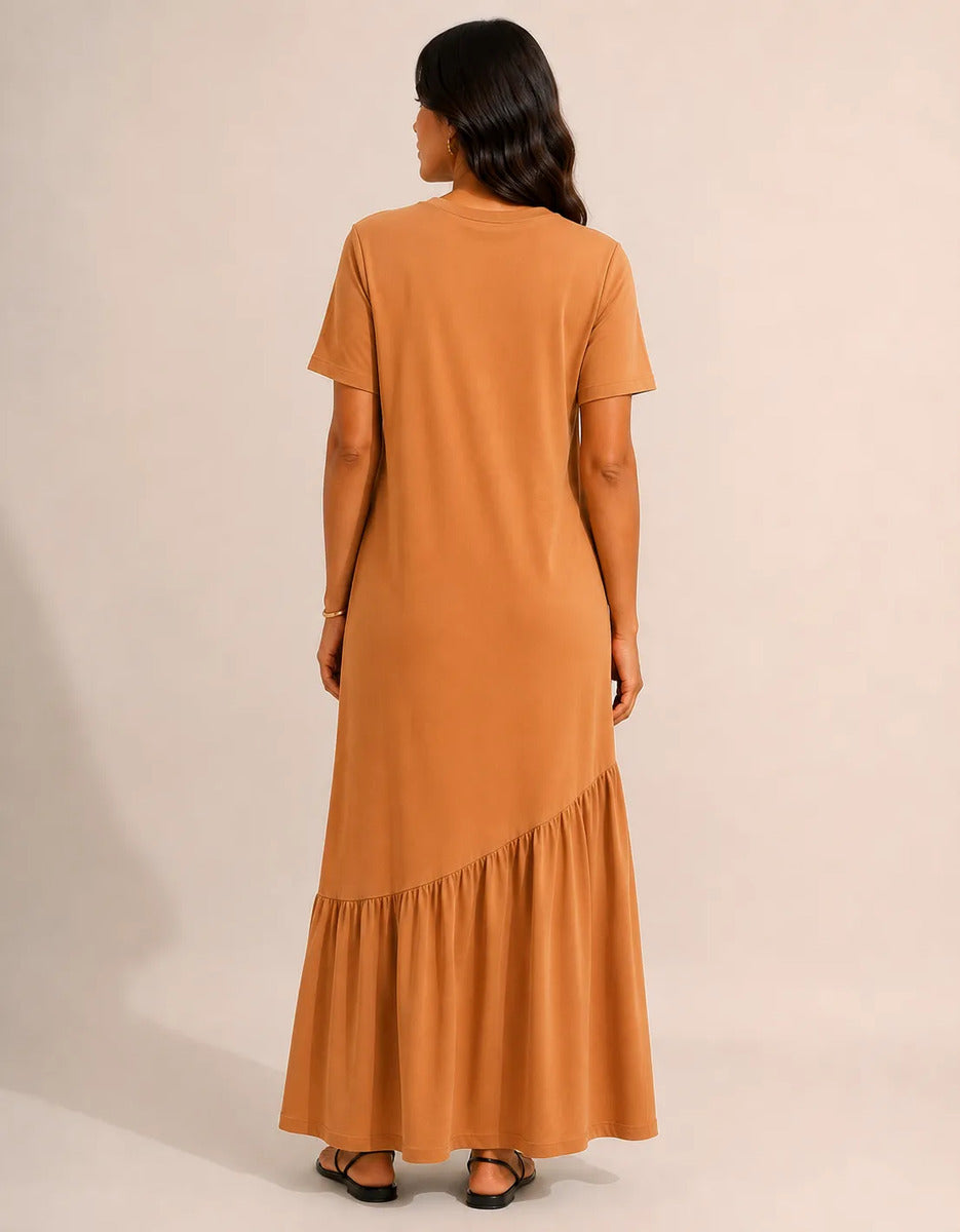 Vestido Longo Feminino Babado Assimétrico Malha Algodão Caramelo
