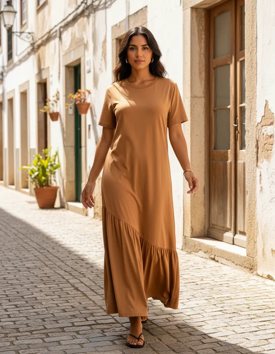 Vestido Longo Feminino Babado Assimétrico Malha Algodão Caramelo