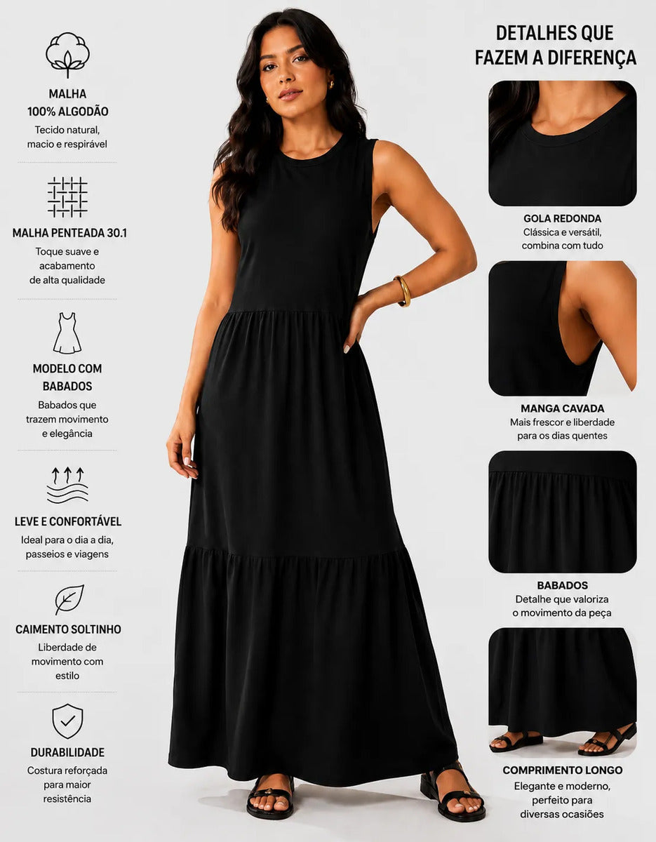 Vestido Longo Feminino Regata Três Marias Algodão Soltinho Preto