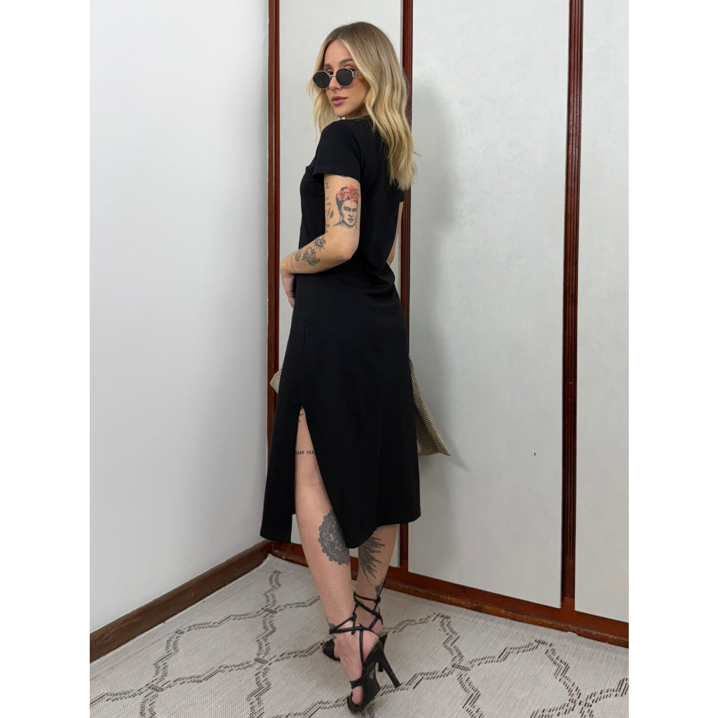 Vestido Mid Camiseta Com Fenda Aveloz Preto