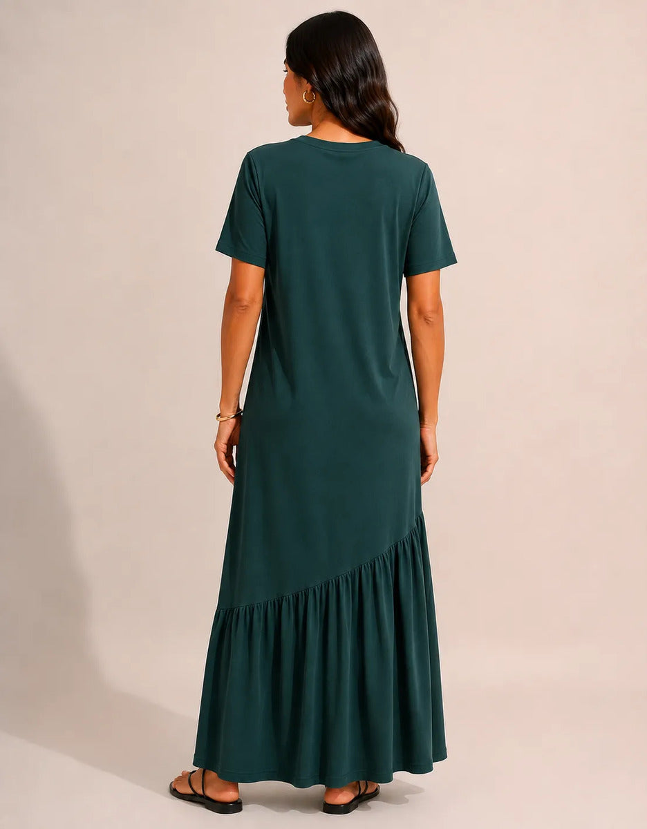 Vestido Longo Feminino Babado Assimétrico Malha Algodão Verde-escuro