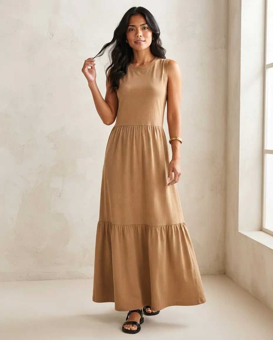 Vestido Longo Feminino Regata Três Marias Algodão Soltinho Caramelo