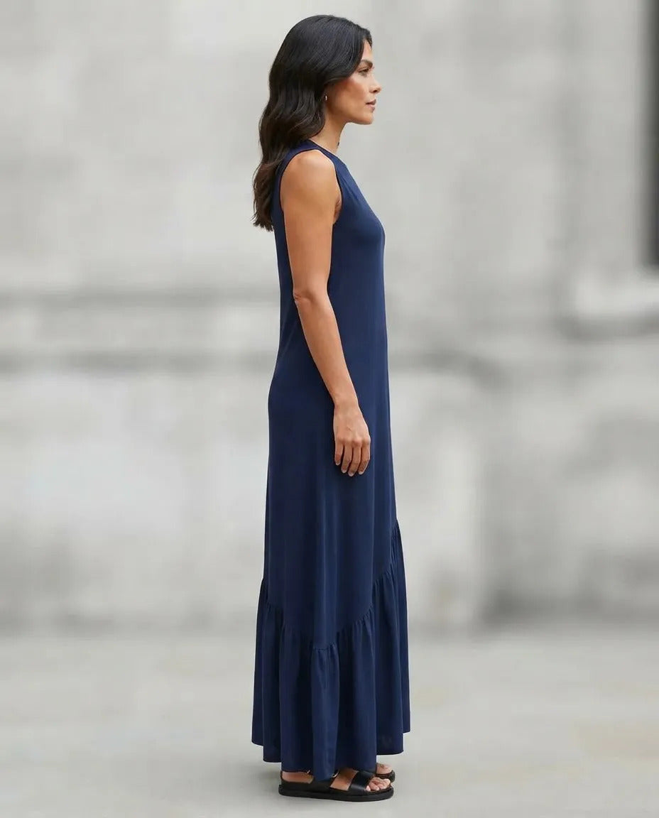 Vestido Longo Feminino Regata Babado Assimétrico Algodão Azul-marinho