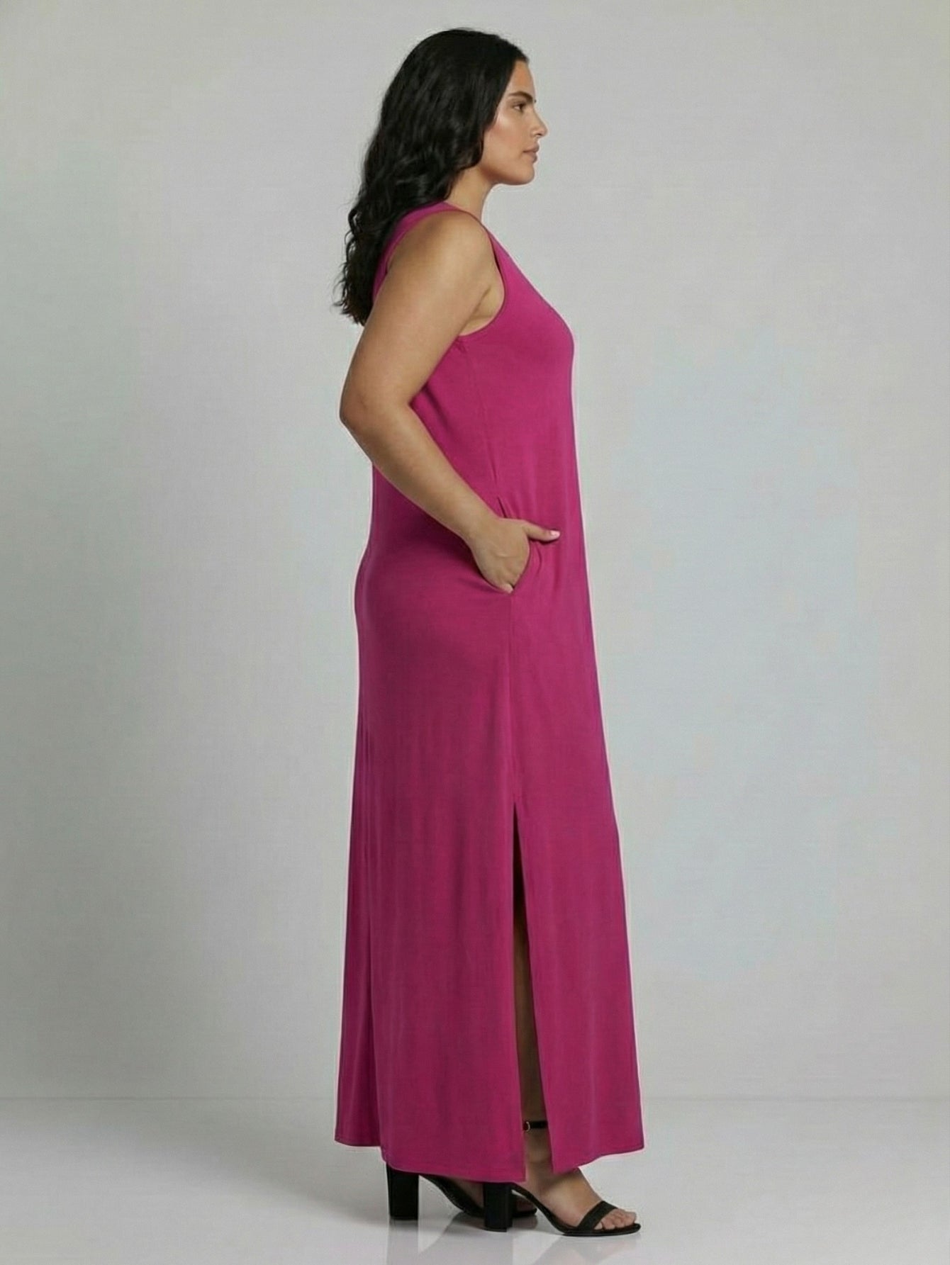 Vestido Longo Aveloz Viscolycra Soltinho Plus Size com Bolso Fucsia