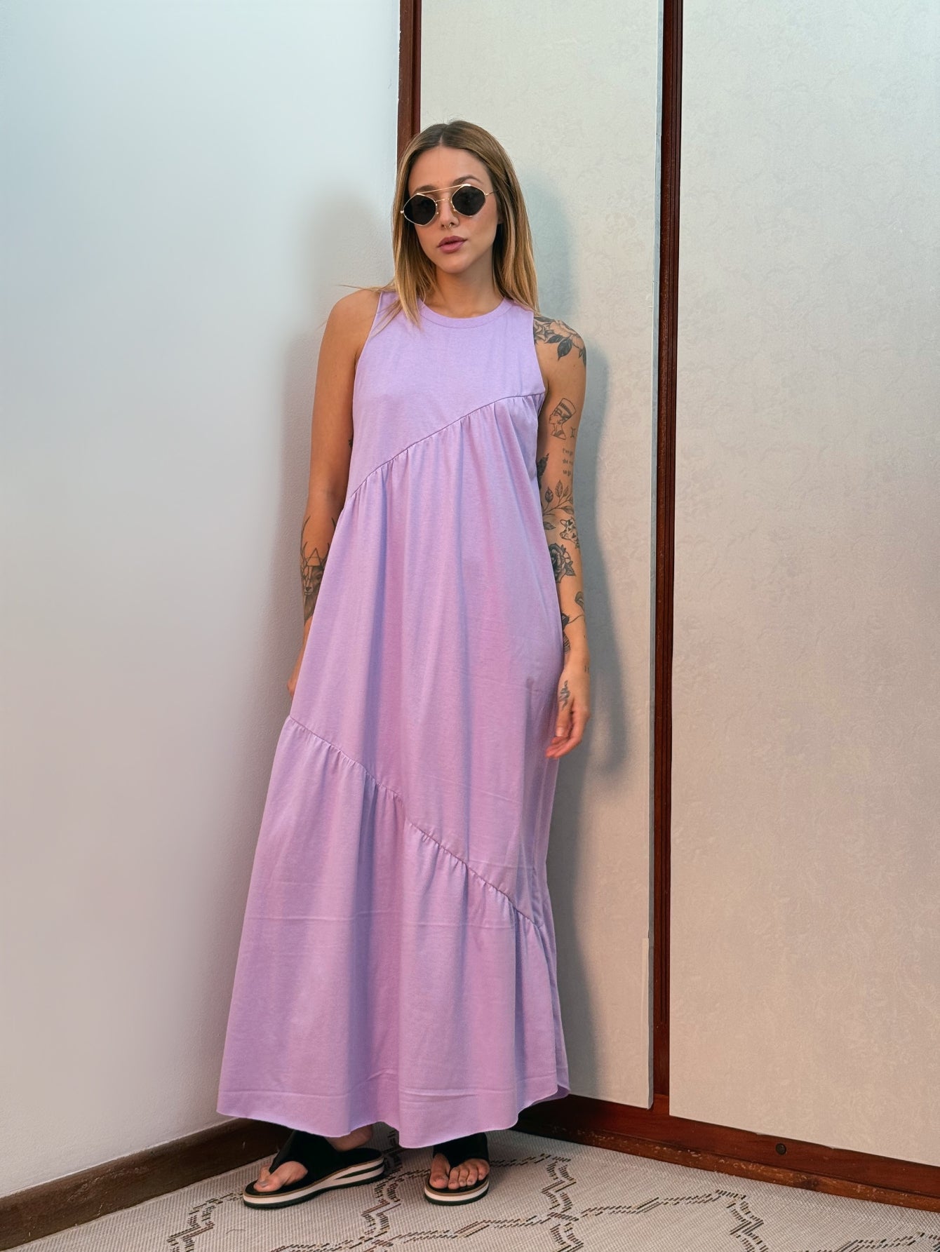 Vestido Longo Feminino Soltinho malha algodão Aveloz Lilás