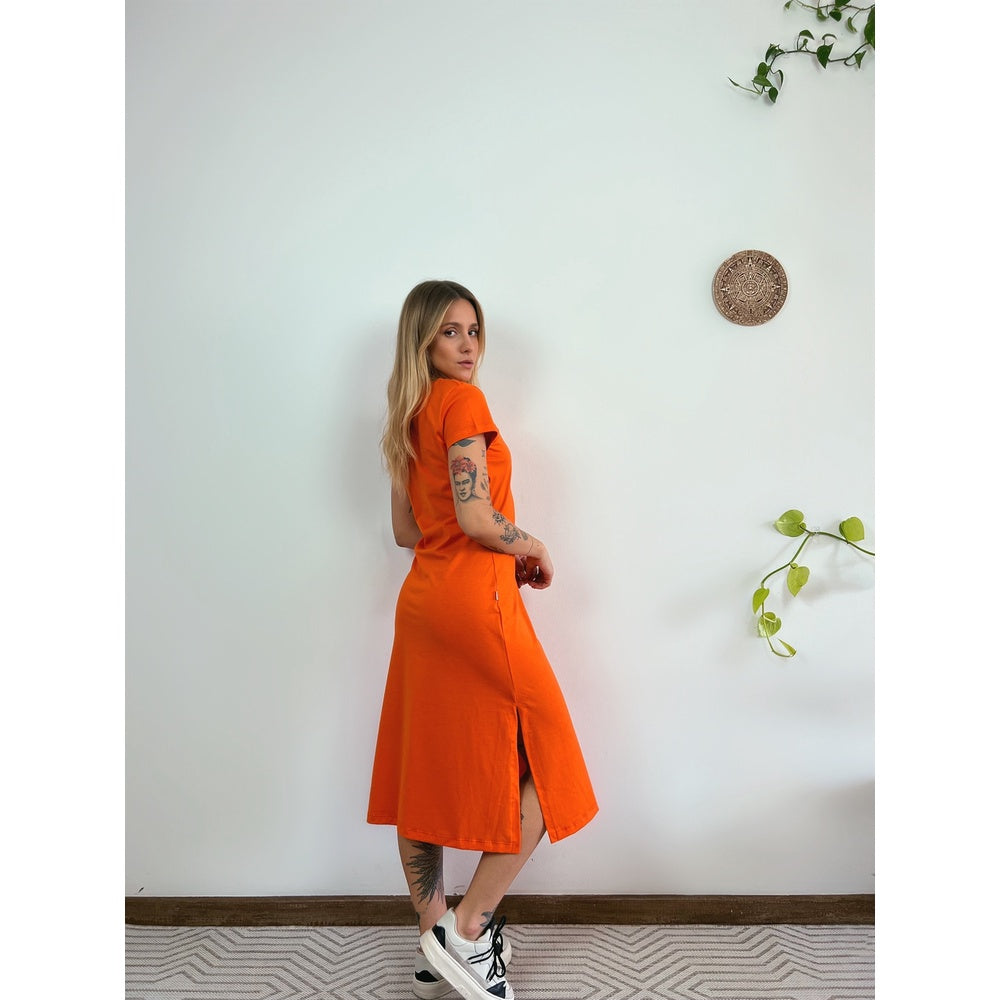 Vestido Mid Camiseta Com Fenda Aveloz Laranja