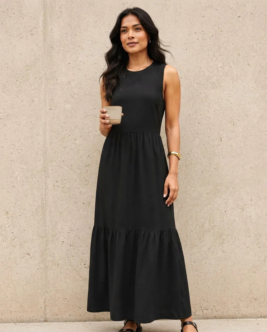 Vestido Longo Feminino Regata Três Marias Algodão Soltinho Preto
