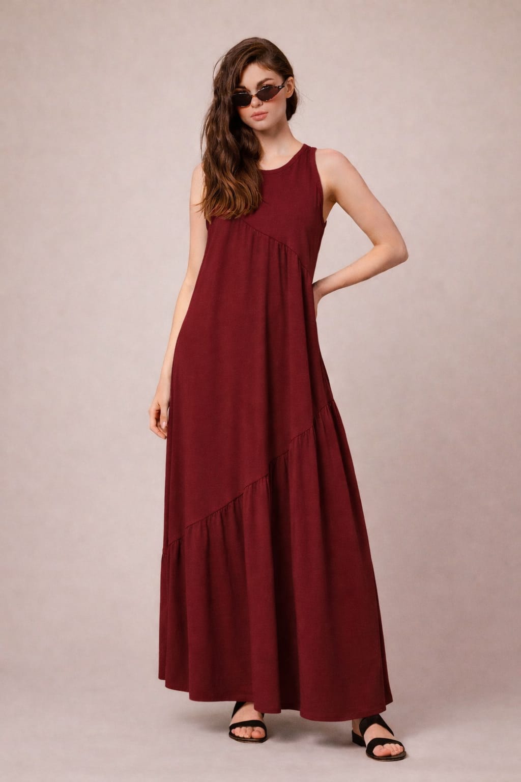 Vestido Longo Feminino Soltinho malha algodão Aveloz Bordô