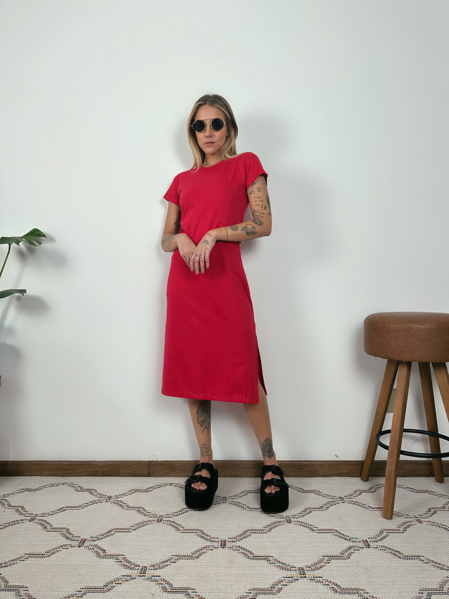 Vestido Midi Camiseta Com Fenda Aveloz Vermelho
