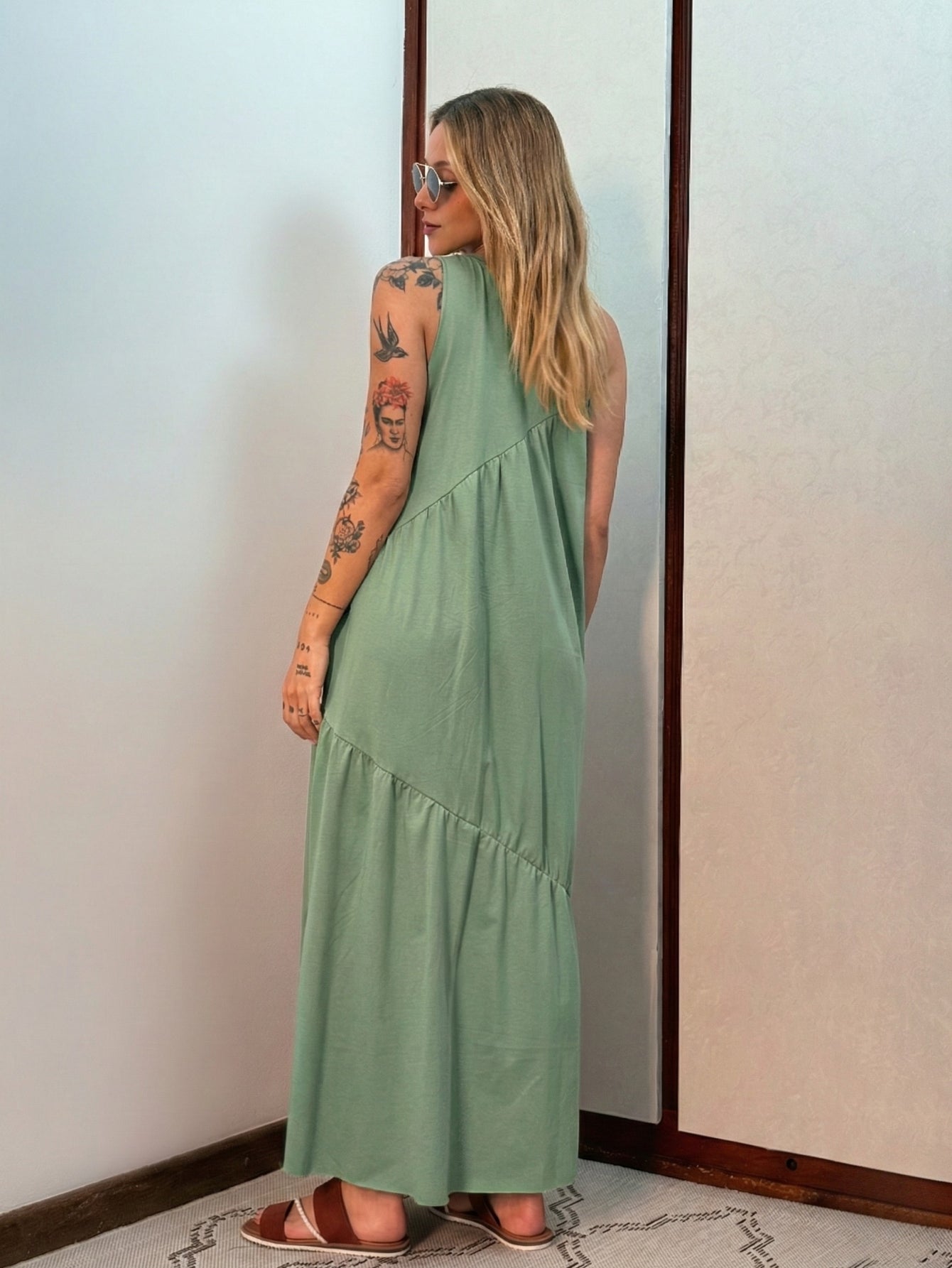 Vestido Longo Feminino Soltinho malha algodão Aveloz Verde Salvia