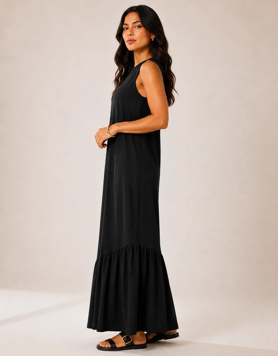 Vestido Longo Feminino Regata Babado Assimétrico Algodão Preto