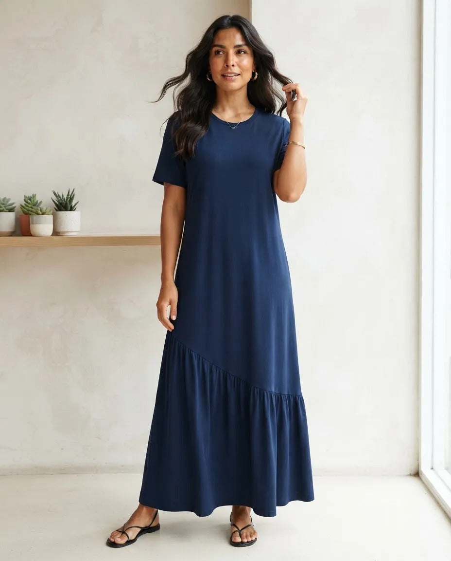Vestido Longo Feminino Babado Assimétrico Malha Algodão Azul-marinho