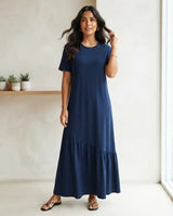 Vestido Longo Feminino Babado Assimétrico Malha Algodão Azul-marinho