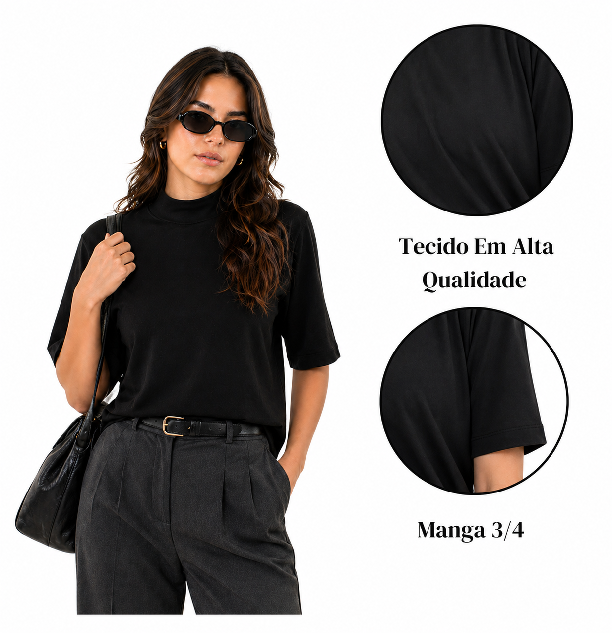 Camiseta Feminina T-shirt Aveloz Gola Alta E Manga 3/4 Preto