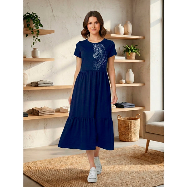 Vestido Midi Três Marias Feminino Aveloz de Algodão Estampa Cavalo Animal Print