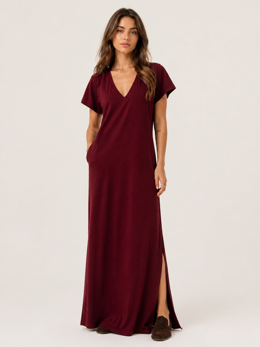 Vestido Longo de Algodão com Bolso Decote V Bordô