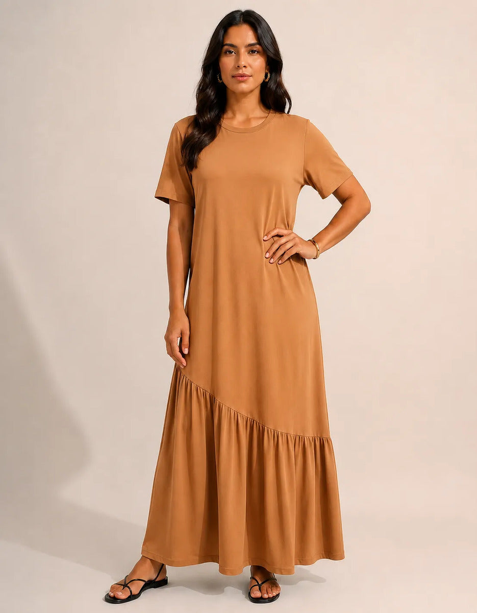 Vestido Longo Feminino Babado Assimétrico Malha Algodão Caramelo