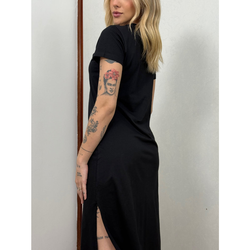 Vestido Mid Camiseta Com Fenda Aveloz Preto