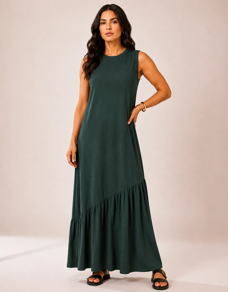 Vestido Longo Feminino Regata Babado Assimétrico Algodão Verde-escuro
