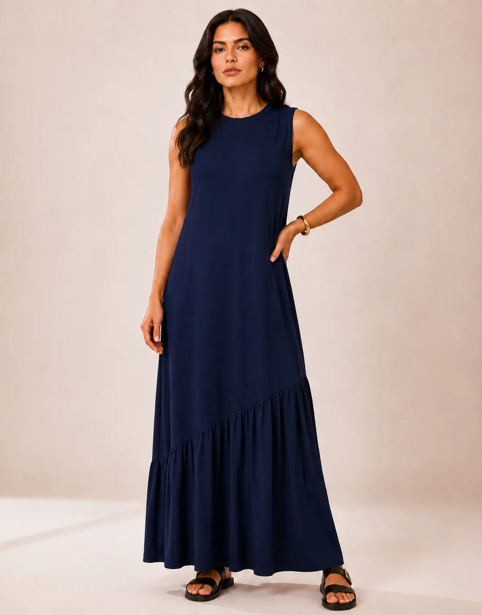Vestido Longo Feminino Regata Babado Assimétrico Algodão Azul-marinho