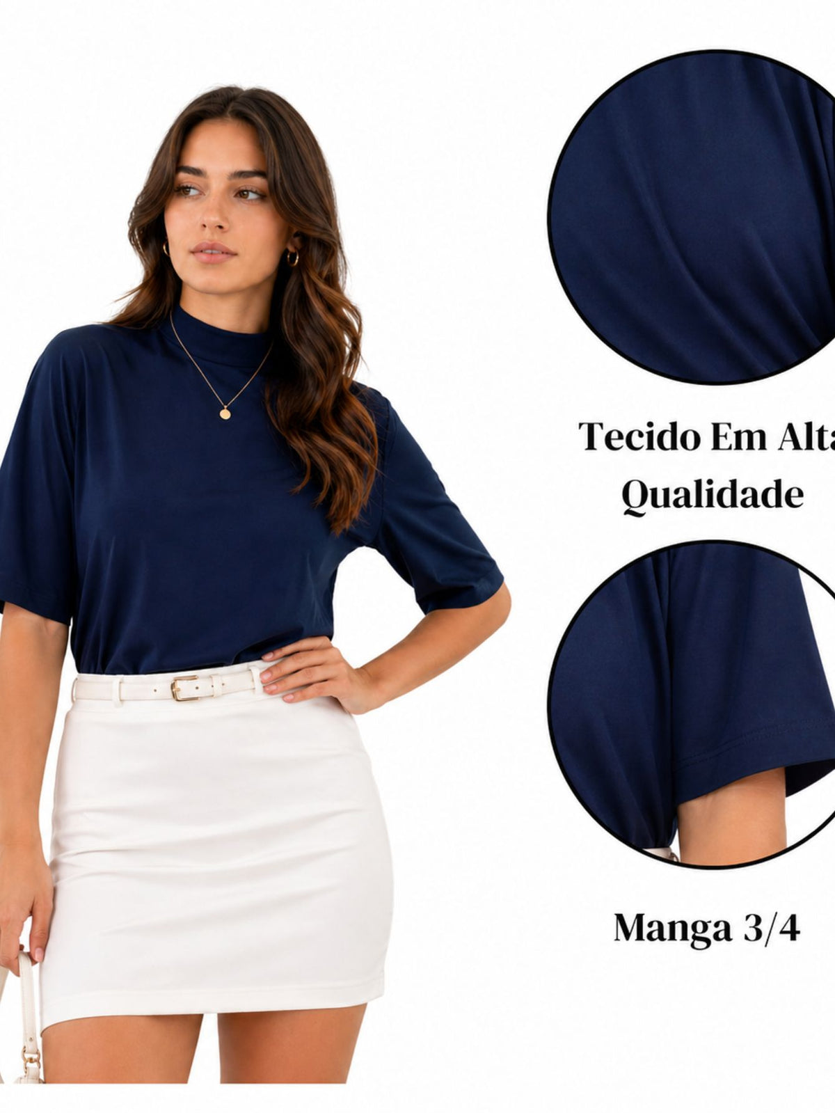 Camiseta Feminina T-shirt Aveloz Gola Alta E Manga 3/4 Azul-marinho