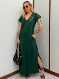 Vestido Longo de Algodão com Bolso Decote V Estampa Borboleta Verde Escuro