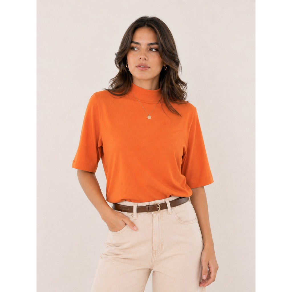 Camiseta Feminina T-shirt Aveloz Gola Alta E Manga 3/4 Laranja