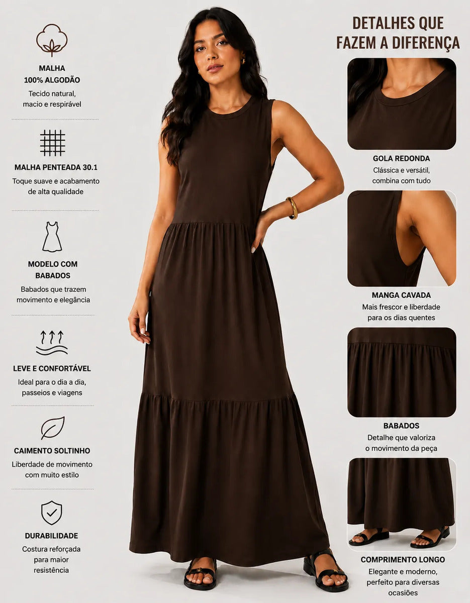 Vestido Longo Feminino Regata Três Marias Algodão Soltinho Marrom-escuro