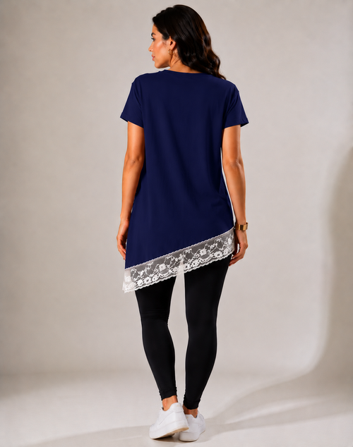 Blusa Assimétrica Feminina com Renda Azul Marinho