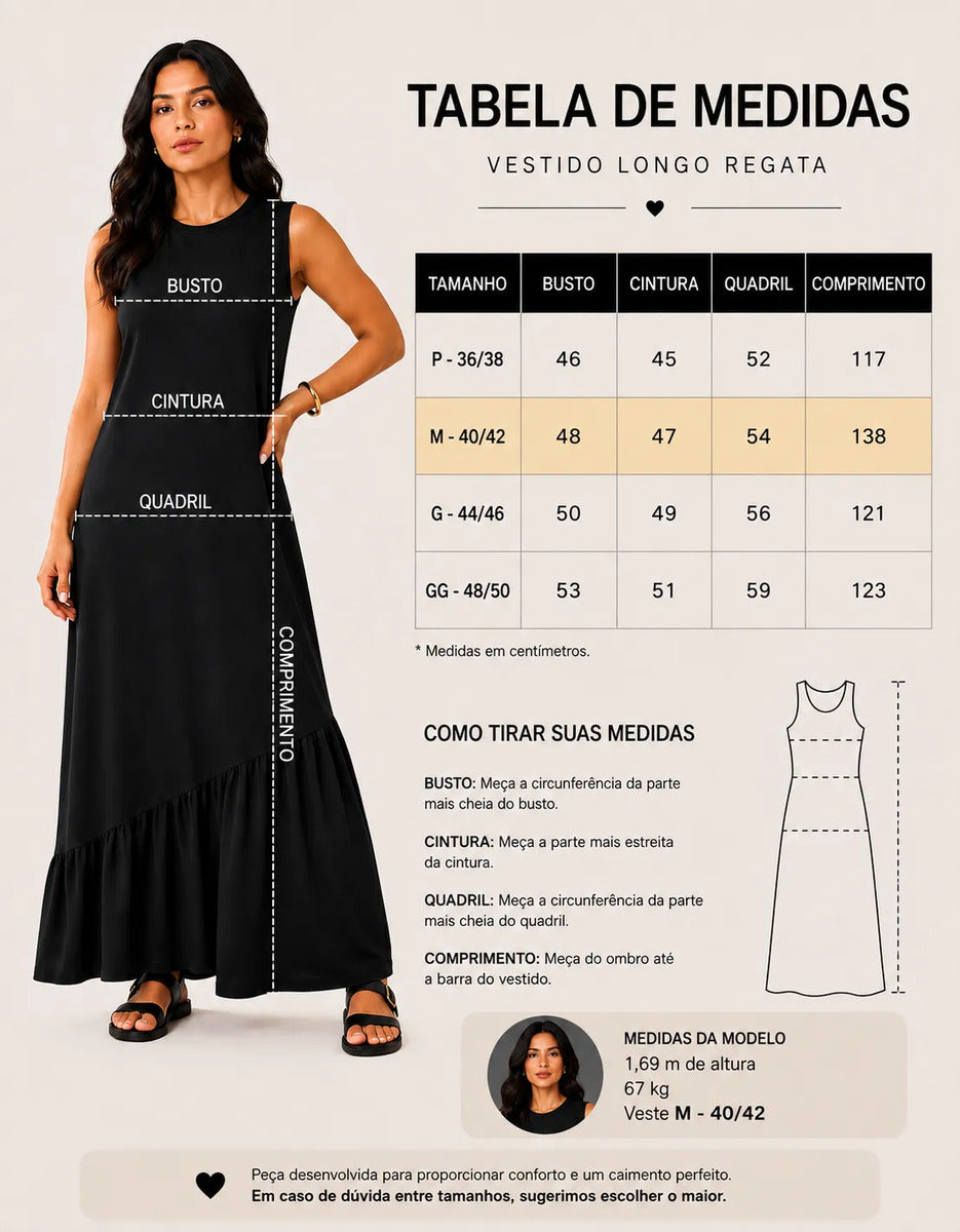 Vestido Longo Feminino Regata Babado Assimétrico Algodão Vermelho
