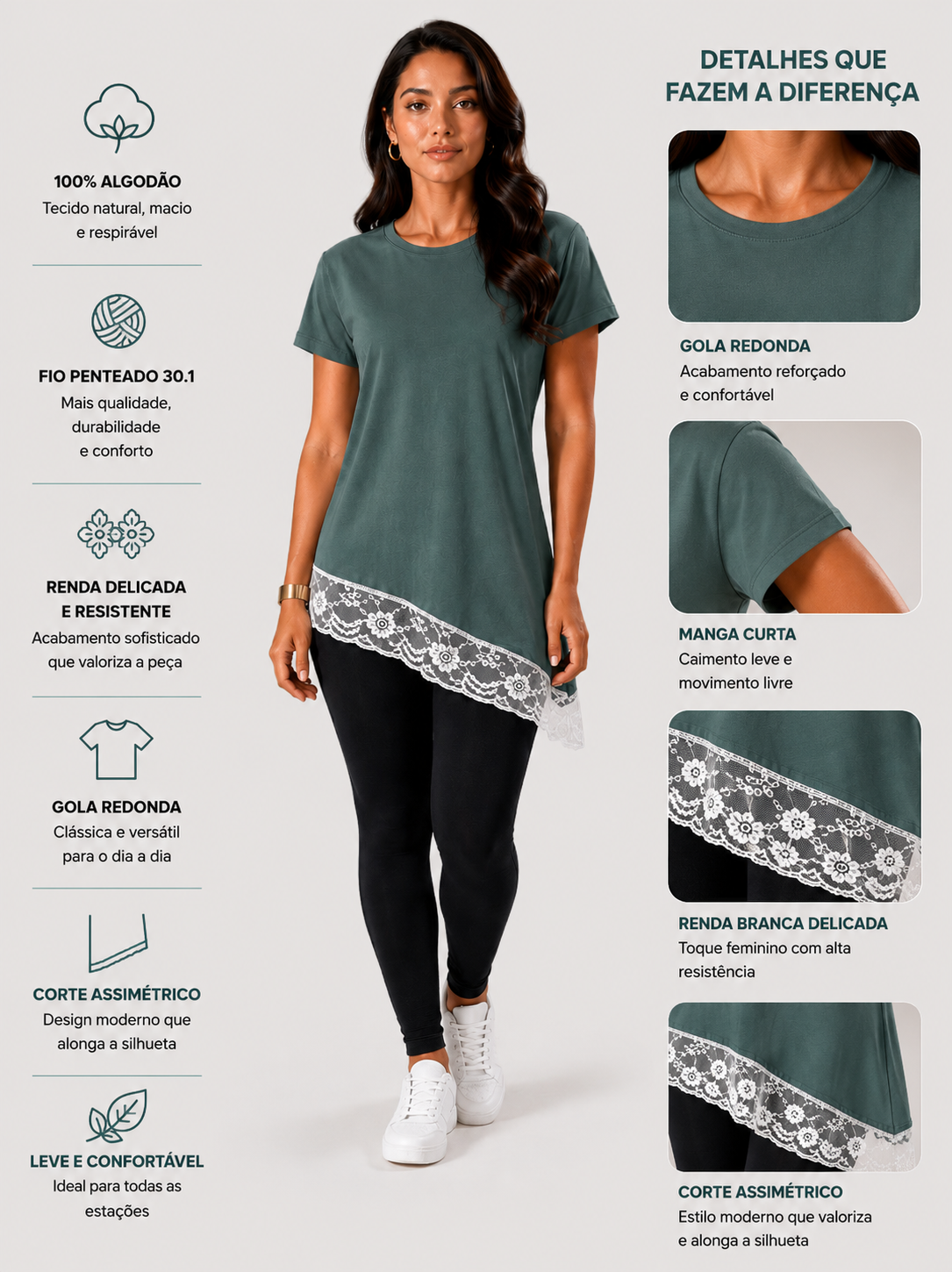 Blusa Assimétrica Feminina com Renda Verde Musgo