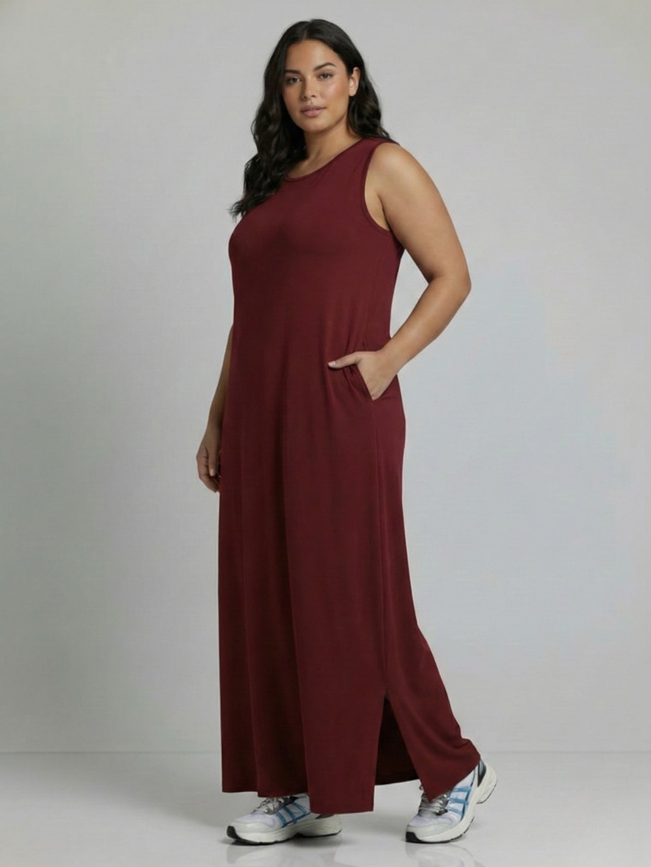 Vestido Longo Aveloz Viscolycra Soltinho Plus Size com Bolso Vinho