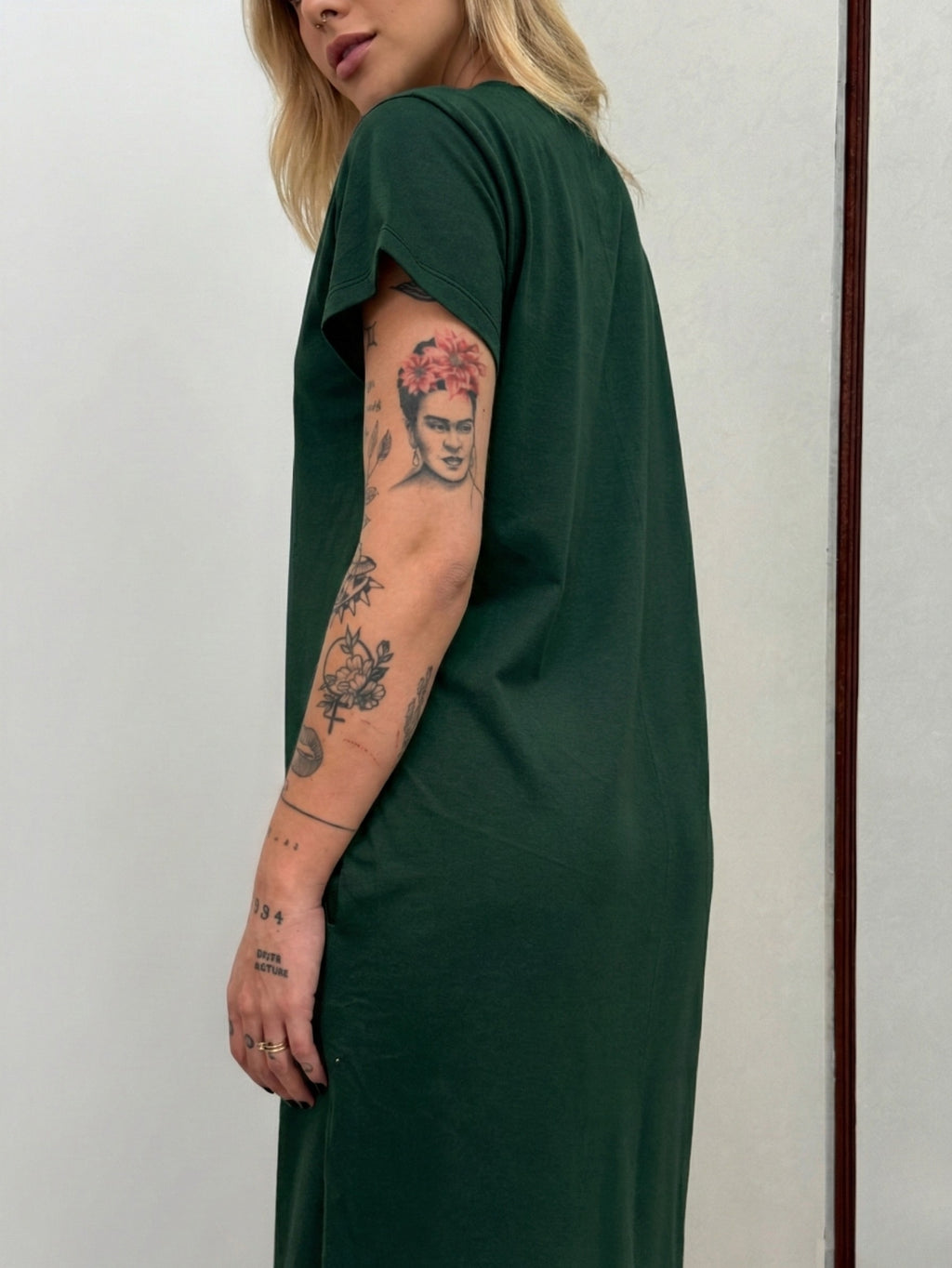 Vestido Longo de Algodão com Bolso Decote V Verde Escuro