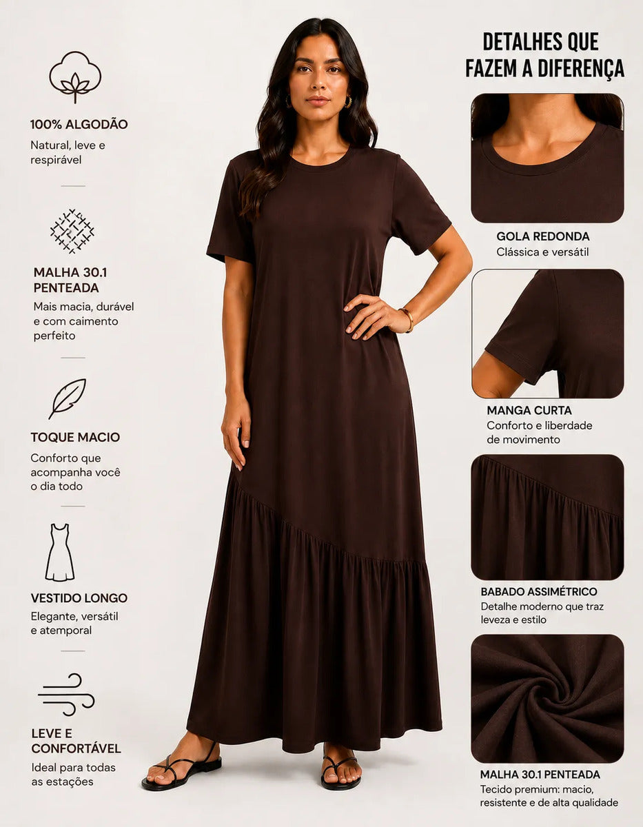 Vestido Longo Feminino Babado Assimétrico Malha Algodão Marrom-escuro