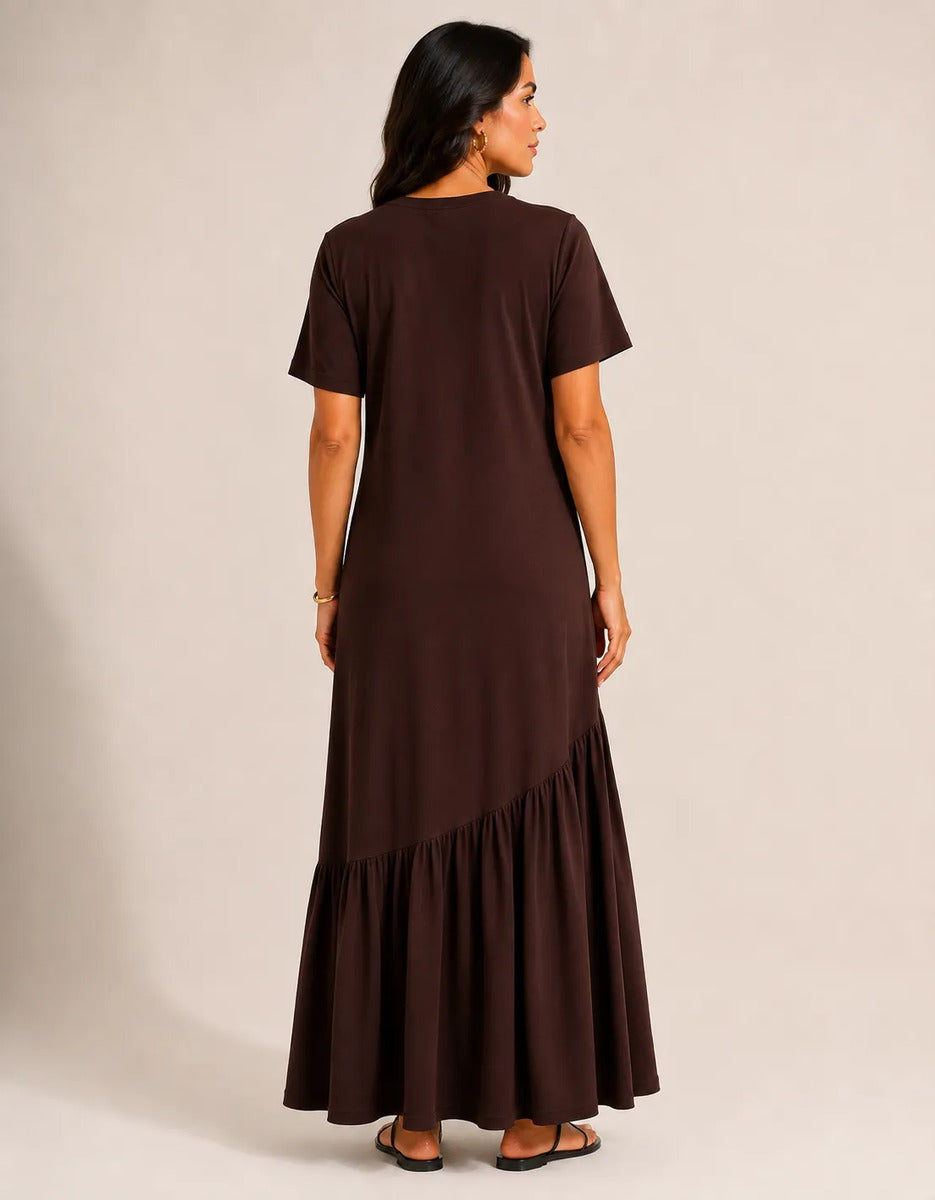 Vestido Longo Feminino Babado Assimétrico Malha Algodão Marrom-escuro