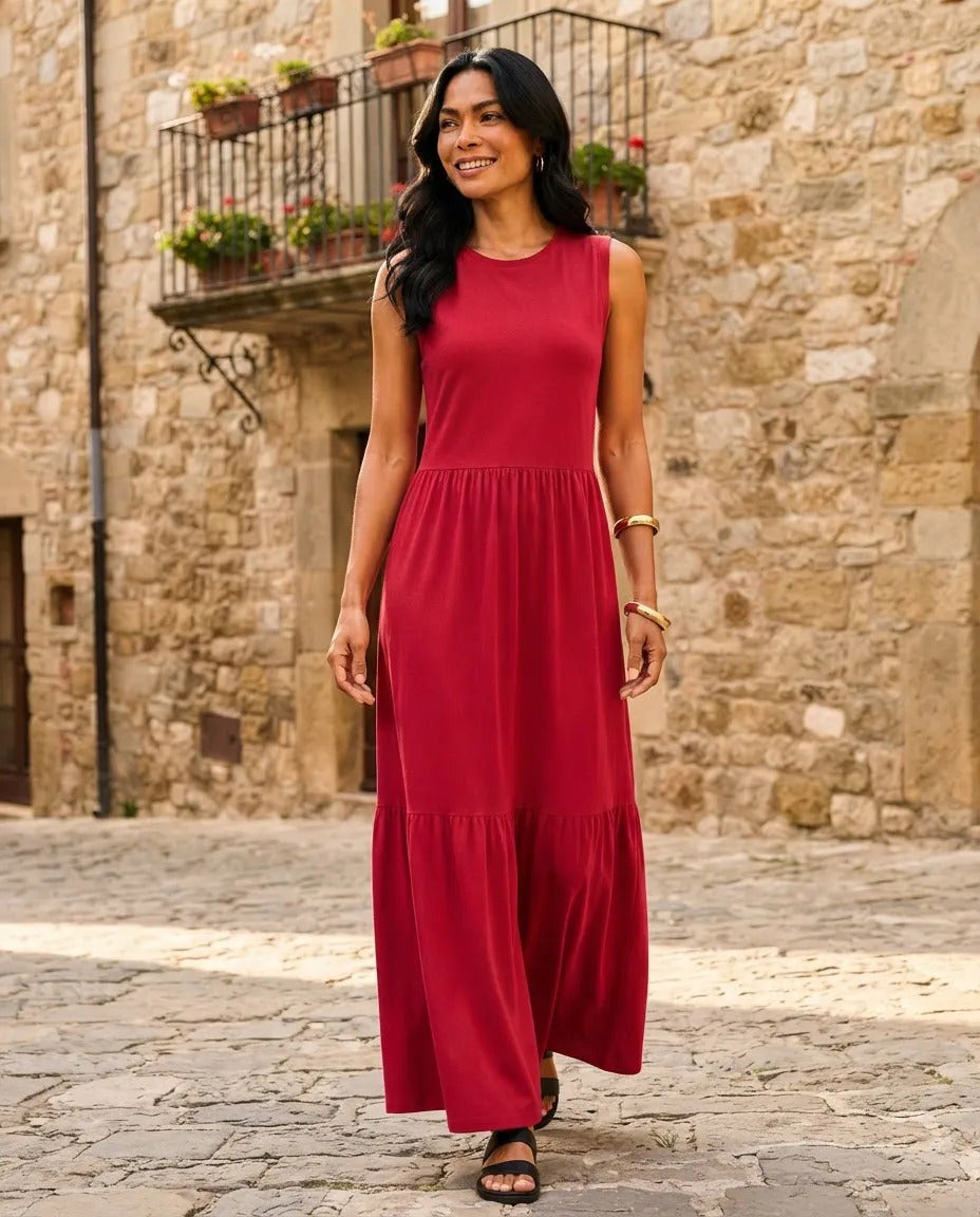 Vestido Longo Feminino Regata Três Marias Algodão Soltinho Vermelho
