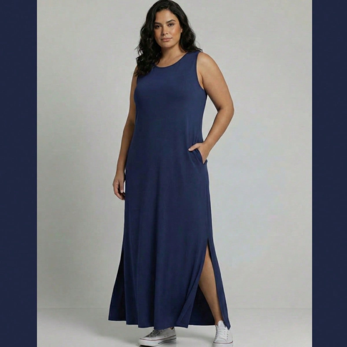 Vestido Longo Aveloz Viscolycra Soltinho Plus Size com Bolso Azul Marinho