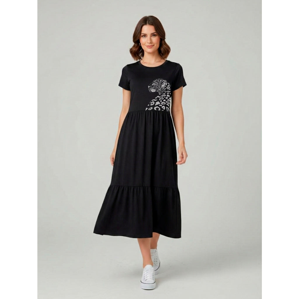 Vestido Midi Três Marias Feminino Aveloz de Algodão Estampa Onça Pintada Animal Print
