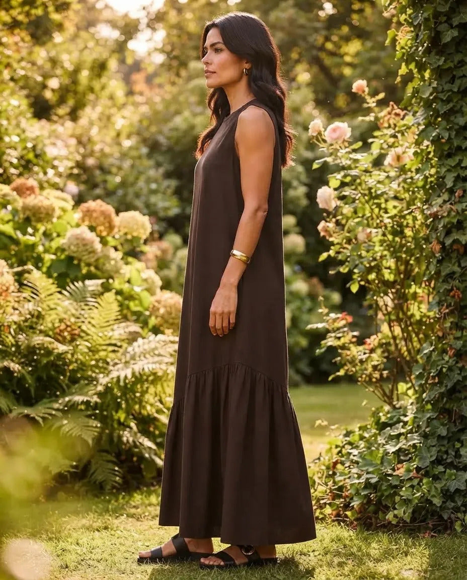 Vestido Longo Feminino Regata Babado Assimétrico Algodão Marrom-escuro